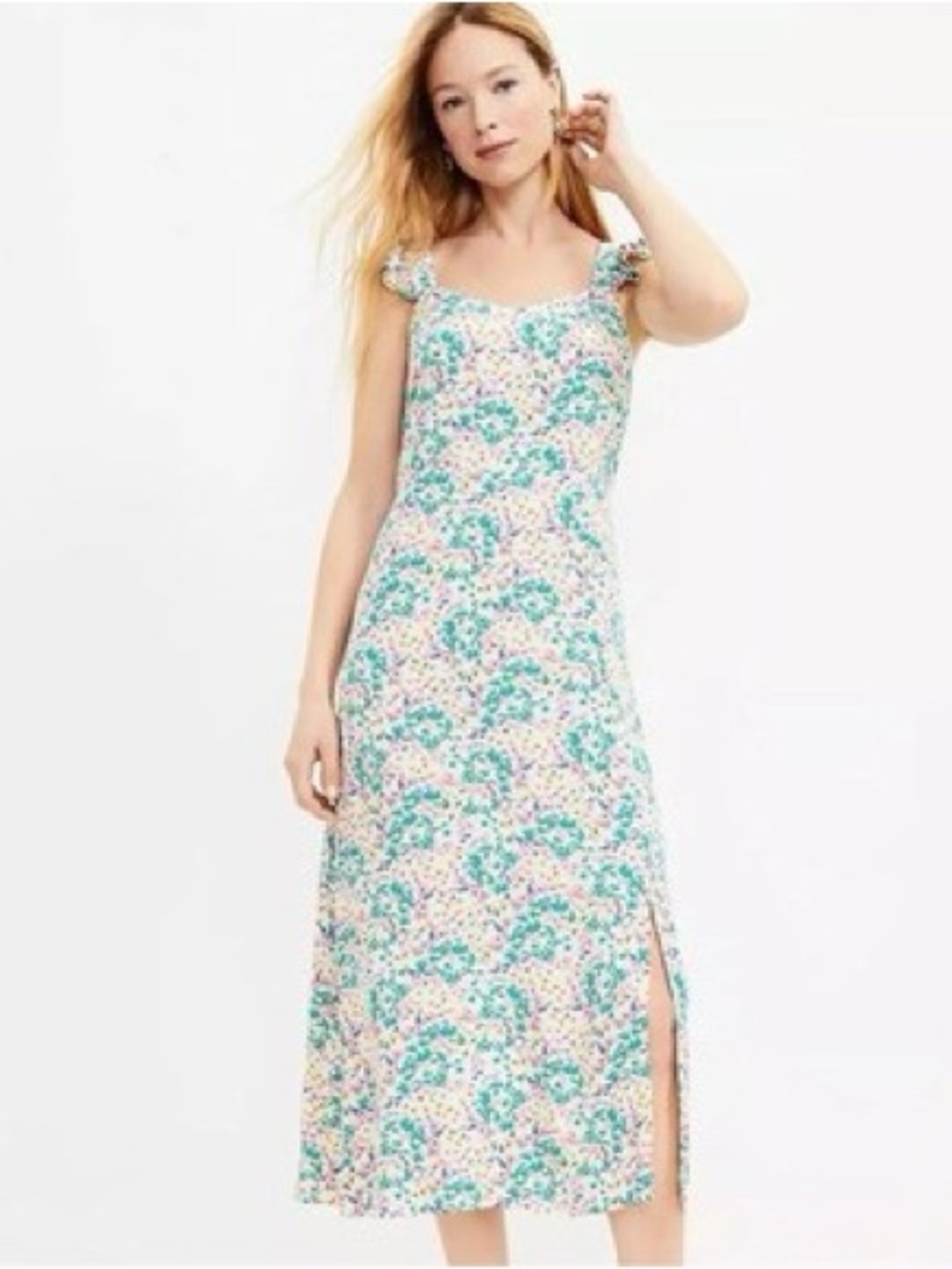 LOFT Teal and Pink Floral Midi Dress with Shoulder Ties
